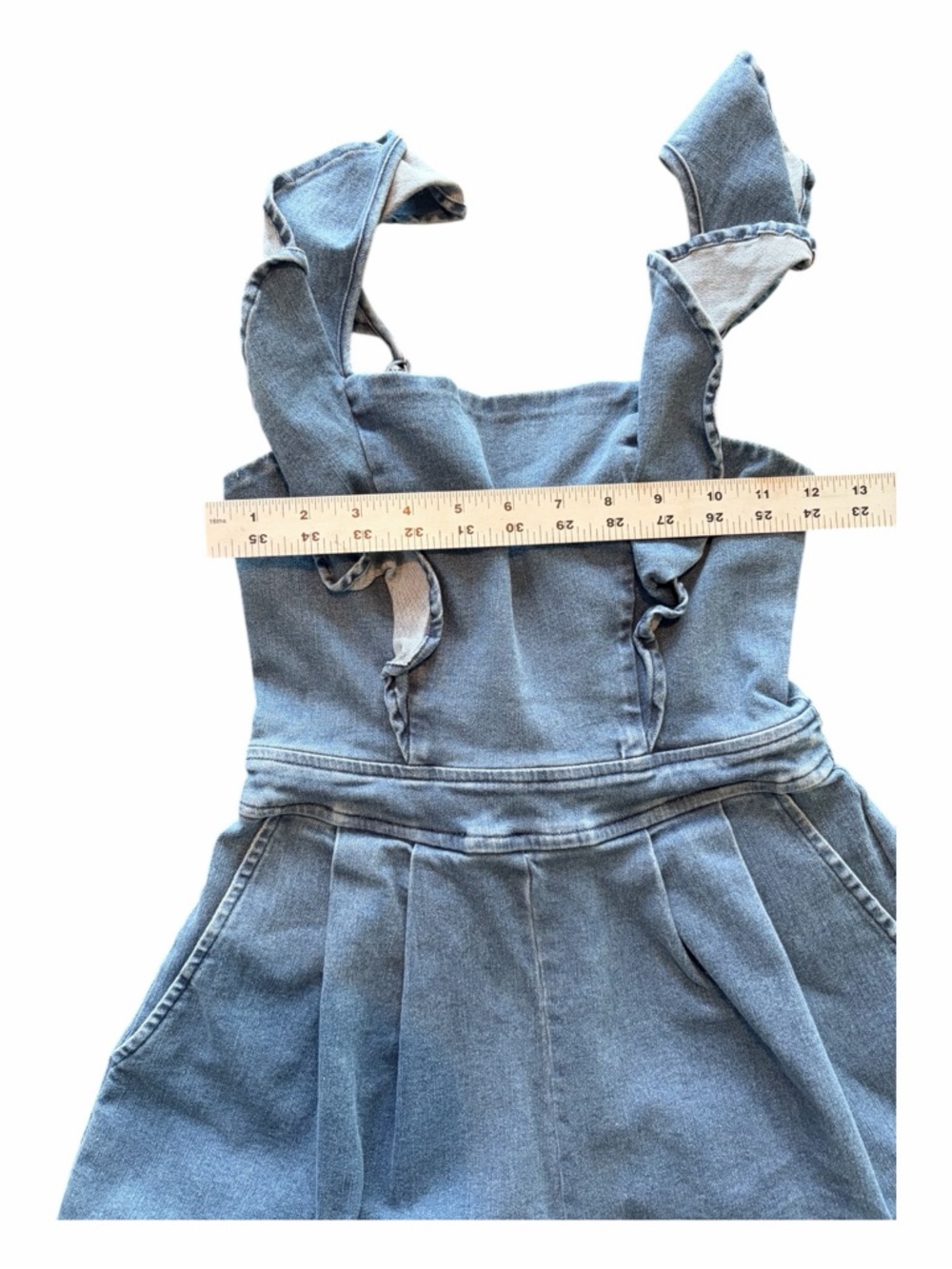 Angel Biba Denim Ruffle Strap Romper Blue Pleated Shorts Adjustable Strap Size S - Picture 3 of 7